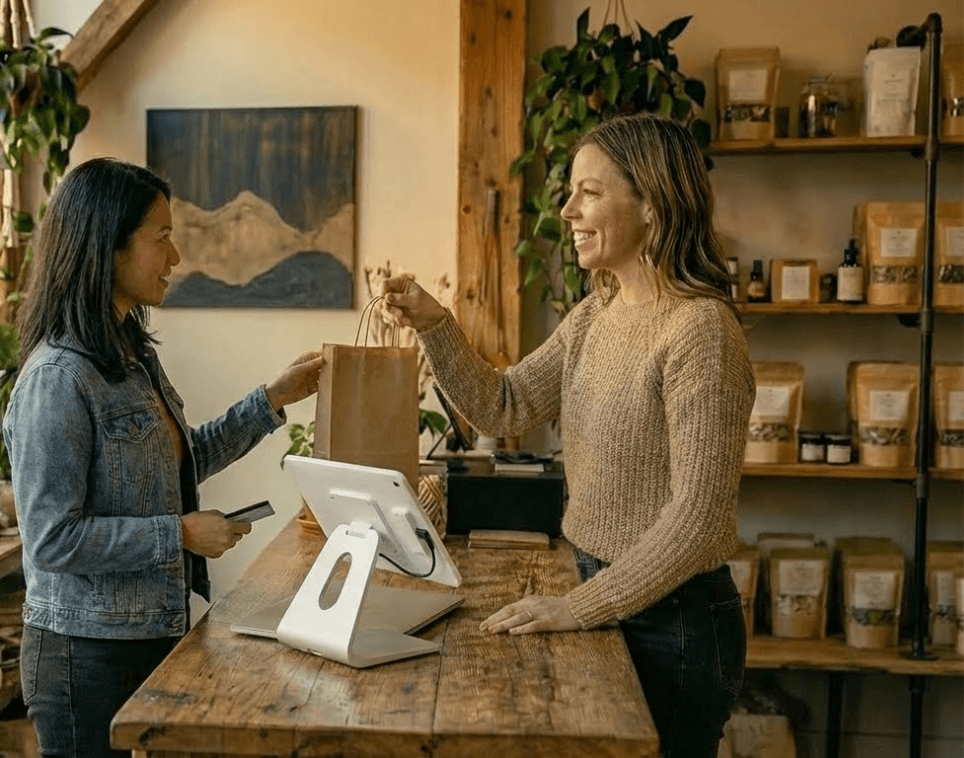 Shop owner handing a purchase to a customer with a payment machine on the counter